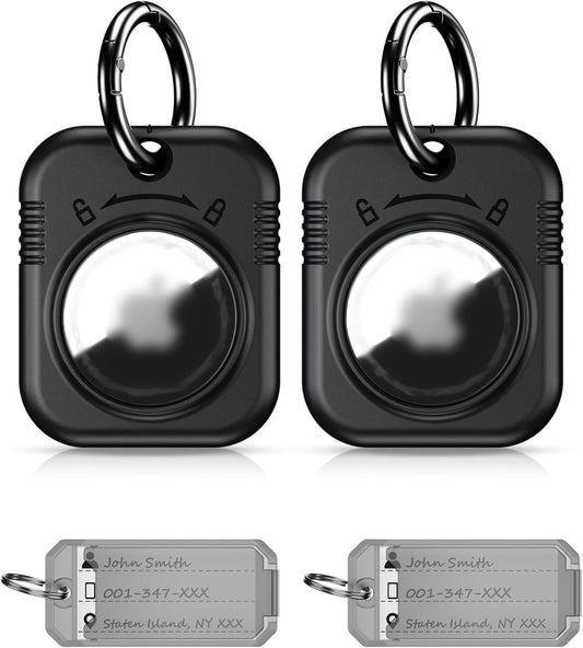 Airtag Keyring Holder with Keychain & Key Tag, Stylish Secure Hard Shell Air Tag Case Cover for Apple Air Tags GPS Tracker - Black 2Pack